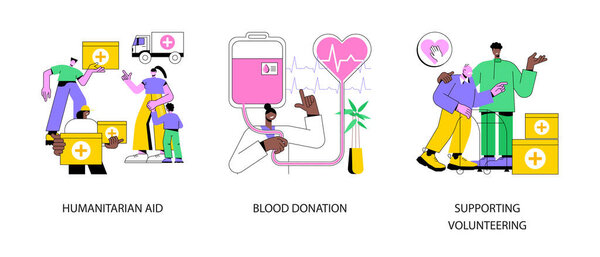 Сообщество помогает абстрактному набору векторных иллюстраций. Гуманитарная помощь, донорство крови, поддержка волонтеров, центр переливания крови, банк крови, медицинская помощь, некоммерческая абстрактная метафора.
