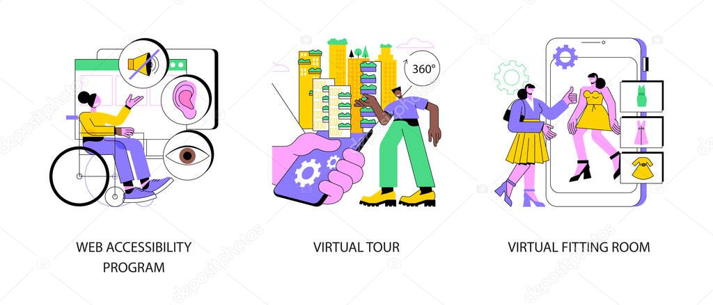 Online inclusivity abstract concept vector illustration set. Web accessibility program, virtual tour and online dressing room, websites for people with special needs, e-commerce abstract metaphor.