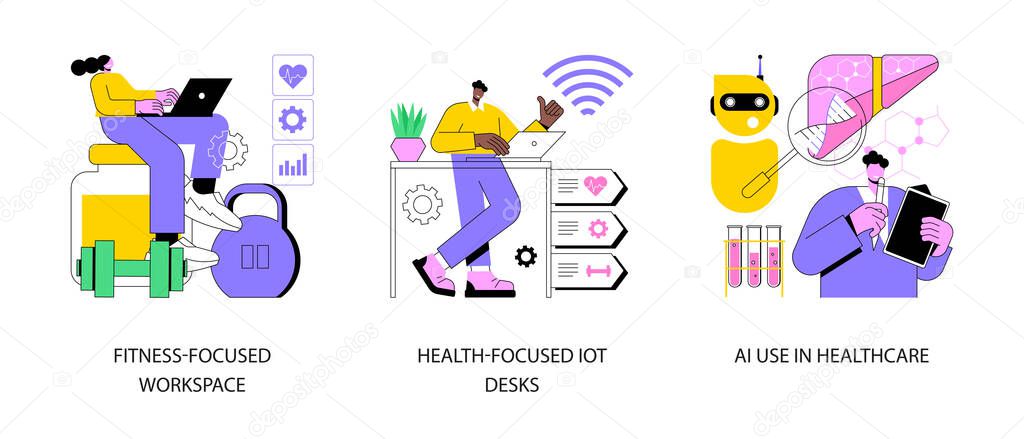 Health-focused technology abstract concept vector illustration set. Fitness-focused workspace, IOT office desk, AI use in healthcare, modern office, employee well-being, medicine abstract metaphor.