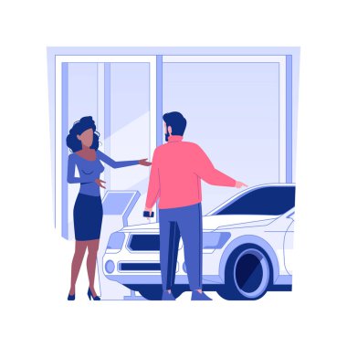 Choosing a car isolated concept vector illustration. Businessman choosing a car in official dealer, distributorship company, talking with client, luxury transport for sale vector concept.