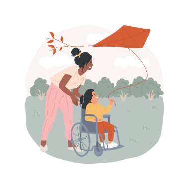 Kite flying isolated cartoon vector illustration. Child in wheelchair, kid flying kite with adult, outdoor fun activity, special daycare, in-home caregiver, daycare for disabled vector cartoon.