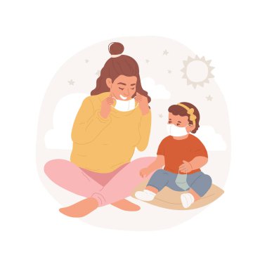 Lerning to wearing a mask isolated cartoon vector illustration. Child learn wear mask, pandemic education, children self-care, personal hygiene in kindergarten, daycare center vector cartoon.