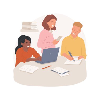 Group peer tutoring isolated cartoon vector illustration. Group of students sit at the table, peer tutoring, changing roles, help each other, class-wide independent learning vector cartoon.