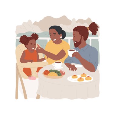 Breakfast isolated cartoon vector illustration. Family having breakfast at hotel, baby in high chair with parents at the table, fruits on plate, drinking coffee, feeding child vector cartoon.