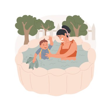 Inflatable pool isolated cartoon vector illustration. Baby playing in inflatable pool on backyard, family leisure time, summer activity, infant having fun in water, dabbling vector cartoon.
