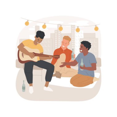 At the rooftop isolated cartoon vector illustration. Guys having fun at rooftop, teens hanging out together, playing guitar and laughing, teenage friends drinking and talking vector cartoon.