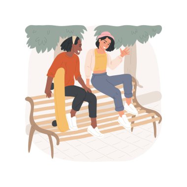 Having rest isolated cartoon vector illustration. Couple hanging out at park with skateboard, spending weekend together, sitting with feet on bench, having conversation vector cartoon.