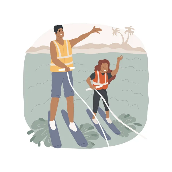 Water Skiing Isolated Cartoon Vector Illustration Dad Kid Standing Waterski — Stockvektor