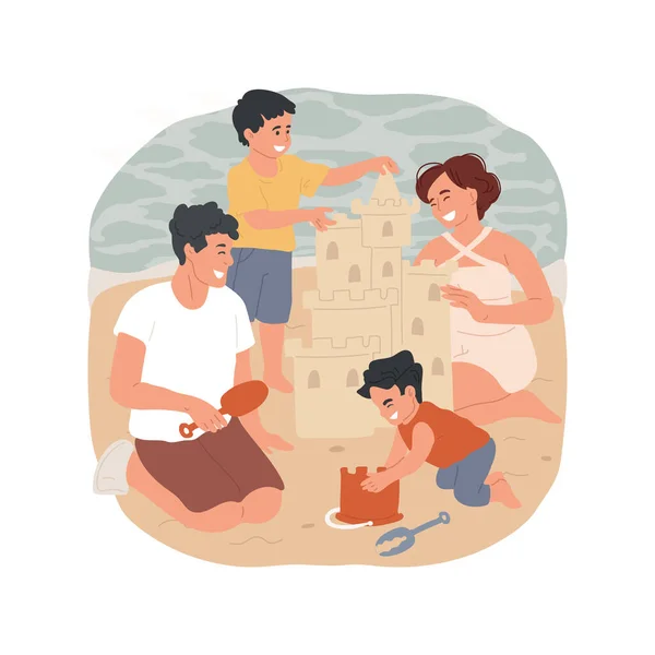 Sandcastle Isolated Cartoon Vector Illustration Happy Family Building Sandcastle Child — 스톡 벡터