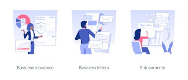 Business agreements isolated concept vector illustration set. Business insurance, reading letters from partners, e-documents, legal company documentation, correspondence vector cartoon.
