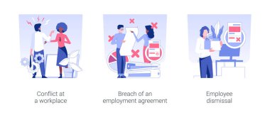 Career problems isolated concept vector illustration set. Conflict at a workplace, breach of an employment agreement, employee dismissal, HR management, get fired, staff reduction vector cartoon.