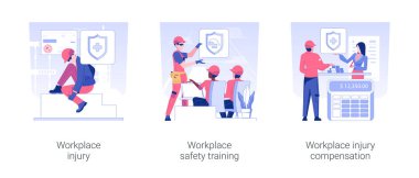 Occupational health isolated concept vector illustration set. Workplace injury, safety training, employee getting injury compensation at work, insurance case, job accident vector cartoon.