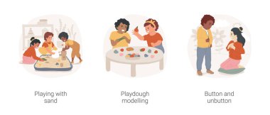 Fine motor skills in childcare isolated cartoon vector illustration set. Playing with sand, playdough modelling, button and unbutton, kinetic playground, hand and finger development vector cartoon.