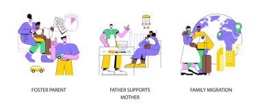 Aile hayatı soyut konsept vektör çizimi seti. Koruyucu aile, baba anne, aile göçü, evlat edinilmiş çocuk, yorgun anne, göçmenlik programı, birlikte evde soyut metafor..
