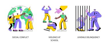 Yasadışı davranış soyut konsept vektör çizimi seti. Sosyal çatışma, okulda şiddet, çocuk suçu, gençlik suçu, vandalizm eylemi, sosyal ilişkiler, zorbalık soyut metaforlar.