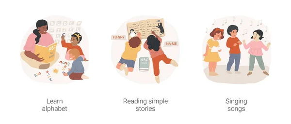 Language Skills Early Education Isolated Cartoon Vector Illustration Set Learn —  Vetores de Stock