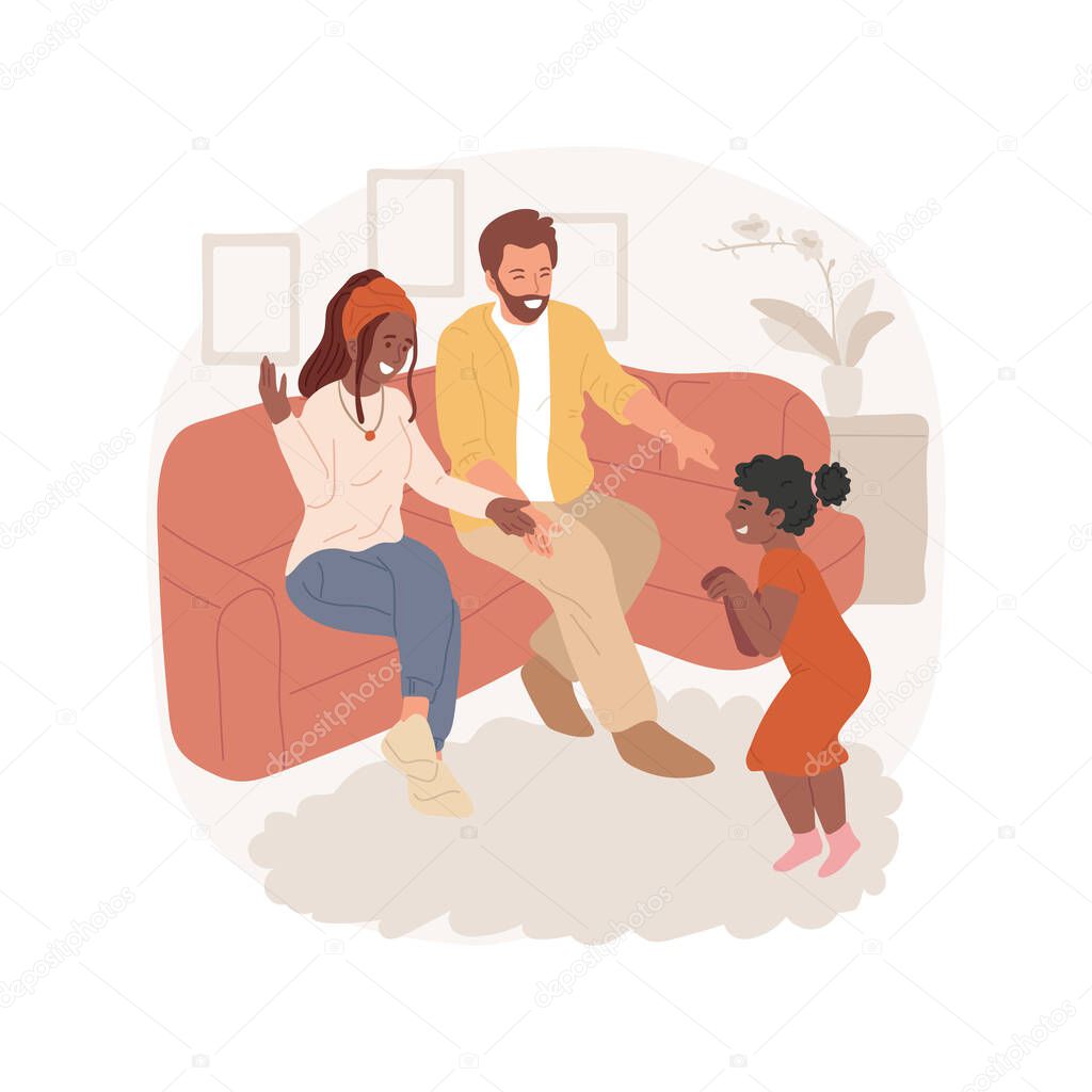 Play charades isolated cartoon vector illustration. Family playing charades, child making funny pose, parents laughing, leisure time at home, people sitting in the living room vector cartoon.