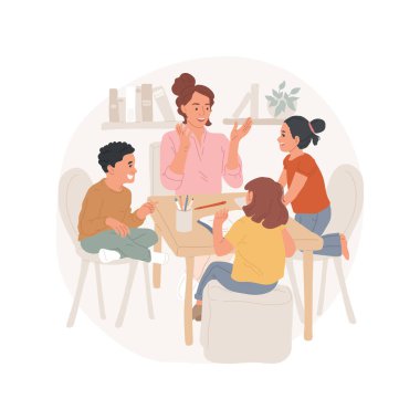 Homeschool co-op isolated cartoon vector illustration. Homeschool parents, co-op activity, community microschool, one adult with small group of children, alternative teaching vector cartoon.