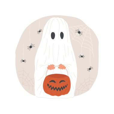 DIY costumes isolated cartoon vector illustration. Young kid wearing ghost costume and holding pumpkin in hands, public holiday celebration, Halloween atmosphere spirit vector cartoon.