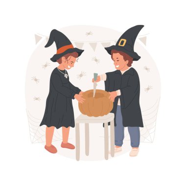 Pumpkin carving isolated cartoon vector illustration. Smiling kids making pumpkin carving, public holiday celebration, traditional Halloween activity, spooky spirit vector cartoon.