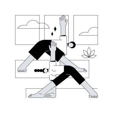 Yoga okulu soyut konsept vektör çizimi. Yoga ve fitness stüdyosu, meditasyon okulu, sertifikalı öğretmen, sınıf seviyesi, internetten abonelik satın alma, vipassana soyut metafor.