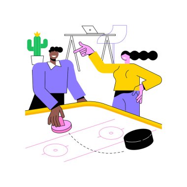 Hava hokeyi, izole edilmiş çizgi film vektör çizimleri. Çeşitli iş adamları ofiste hava hokeyi oynarlar, modern işyeri, iş arkadaşları eğlencesi, oyun odası aktivite vektörü çizgi filmi.