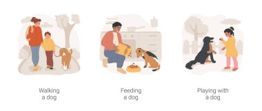 Dog owner routine isolated cartoon vector illustration set. Walking dog on leash, city park, feeding pet, pouring dry food from bag in bowl, meal schedule, playing with puppy vector cartoon.