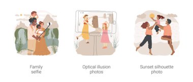 İzole edilmiş karikatür çizimi setinde fotoğraf çekiyorum. Aile fotoğraf çeker, selfie çubuğu kullanır, optik ilüzyon fotoğrafı çeker, heykel tutar, günbatımı siluet vektör karikatürü çizer..