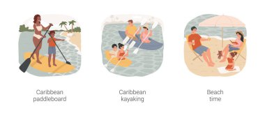 Karayipler 'de izole edilmiş karikatür çizim seti. Karayip deniz kürekleri, SUP sörf tahtası, tropik kano sporu, aileler ve çocuklar kürek çekiyor, egzotik varış noktası sahil zaman çizelgesi..