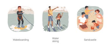 Plaj aktiviteleri karikatür vektör çizimi seti. Yatılı okul, ekstrem su sporları, birlikte su kayağı tatil köyü aktivitesi, aile kumdan kale çizimi..