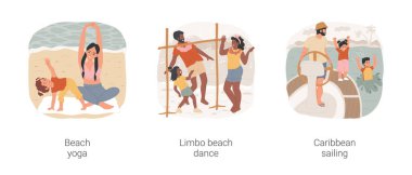 Yaz tatili aktiviteleri karikatür vektör çizimi seti. Sahil yogası, deniz kenarı aktivitesi, limbo dansı, plaj eğlencesi, Karayip yelkenciliği, küçük yat karikatürü aile gezisi..