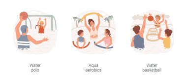 Yüzme havuzu aktiviteleri karikatür vektör çizimi seti. Su topu oynamak, havuz oyunu oynamak, aile aerobik yapmak, havuz başı basketbolu oynamak, küçük halka vektör çizgi filmine top atmak..