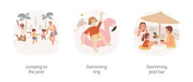 Resort yüzme havuzu karikatür vektör çizimi seti. Aile havuza atlıyor, el ele tutuşuyor, yüzme ringinde uzanıyor, havuz kenarında bar, egzotik kokteyl içiyor, yaz karikatürü çiziyor..
