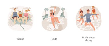 Su parkı, izole edilmiş karikatür vektör çizimi seti. Su boruları, büyük şişirilmiş bir tüpte oturan aile, kaydırak sürüşü, su sıçratma, suya atlama, su altı dalış vektör karikatürü.