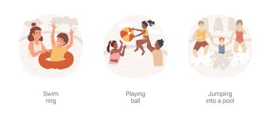 Arka bahçe havuzu karikatür vektör çizimi seti. Renkli bir yüzme ringinde çocuk, arka bahçede yaz eğlencesi, şişme yüzme havuzunda top oynayan çocuklar, sıçrayan ve sıçrayan vektör çizgi filmi yapan çocuklar..