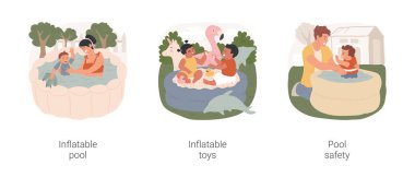 Arka bahçe yüzme havuzu karikatür vektör çizimi seti. Arka bahçede şişme havuzda oynayan çocuk, renkli oyuncaklar, can yeleğiyle yüzen çocuk, aile su güvenliği çizgi filmi..