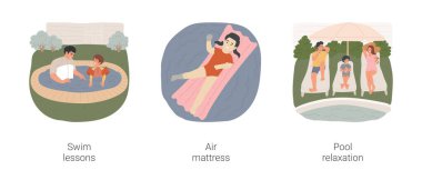 Evde izole edilmiş çizgi film çizim seti var. Çocuk için yüzme dersleri, baba çocuğa yüzmeyi öğretir şişme şişme yatakta sürüklenir yazın tadını çıkar havuz gevşeme vektör çizgi filmi.