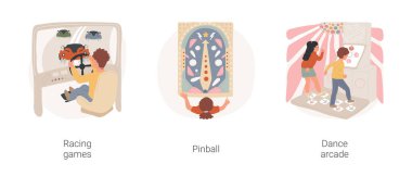 Arcades karikatür vektör çizimi seti. Yarış oyunları, direksiyonlu sandalye, atari kulübü, çocuk langırt oyunu, zıplayan top, aile dans makinesi çizgi filminde eğlensin..