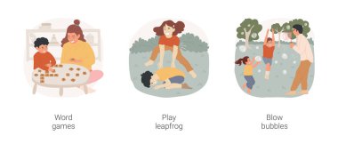 İzole edilmiş karikatür vektör çizimi setindeki çocuklarla eğleniyorum. Ebeveyn ve çocuk harflerle konuşuyor, çocuklar birdirbir oynuyor, yetişkin baloncukları, çocuklar yakalıyor, aile eğlence zamanı vektör karikatürü.