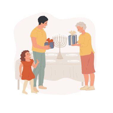 İzole edilmiş karikatür çizimi hediye vermek. İnsanlar dini bayramlarda hediye paylaşıyorlar, eski Yahudi kutlamaları ve gelenekleri, mavi renk hediyeleri, pozitif ruh vektör karikatürü.