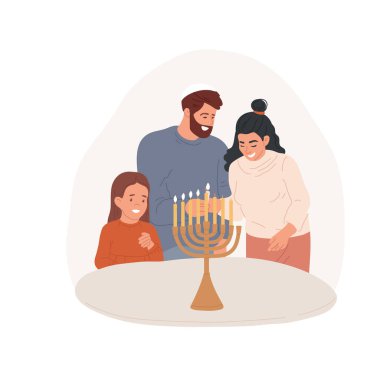Mum yakmak, izole edilmiş çizgi film çizimi. Menorah 'ta küçük kız mumları yakan mutlu bir aile. Hanuka için evde. Yahudi dini bayramı kutlaması karikatürü..