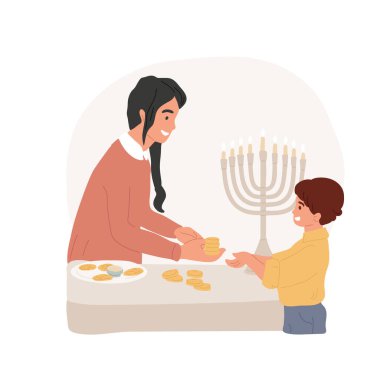 Hanuka gelt karikatür vektör çizimi. Gülümseyen yetişkinler çocuklar için Hanukkah parası veriyor, Yahudi festivali, dini bayram kutlama karikatürleri hazırlıyor..
