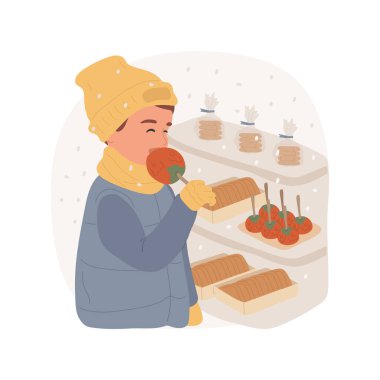Noel tatlıları izole edilmiş karikatür vektör çizimleri. Mutlu çocuk Noel zamanı lezzetli şekerlemeler yiyor. Pazarın yanında, geleneksel xmas bayramı yemekleri, kış karı, elma şekeri çizgi filmi..