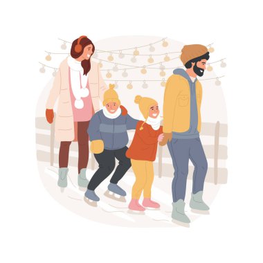Buz pisti karikatür vektör çizimi. Noel zamanı buz pateni sahasında çocuklu mutlu bir aile. Kış tatilini birlikte geçirip eğleniyorlar. Sihirli ruh vektör çizgi filmi..