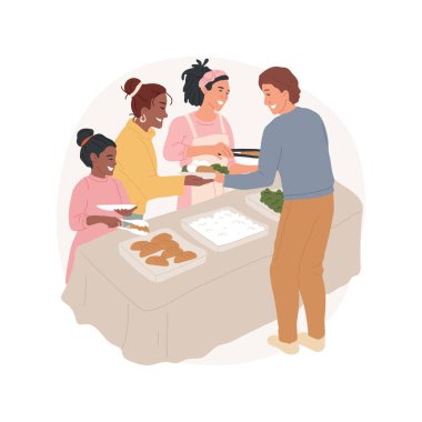 Diğerlerine izole edilmiş vektör çizimlerine yardım etmek. Gülümseyen insanlar başkalarına yemek servisi yapıyor, Şükran Günü gönüllü gelenekler, bayram kutlaması çizgi filmi.