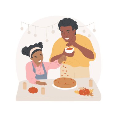 Kabak turtası karikatür vektör çizimi. Mutlu baba ve gülen kız birlikte balkabağı turtası pişiriyorlar, Şükran Günü tatlısı, geleneksel yemek, resmi tatil vektör karikatürü..