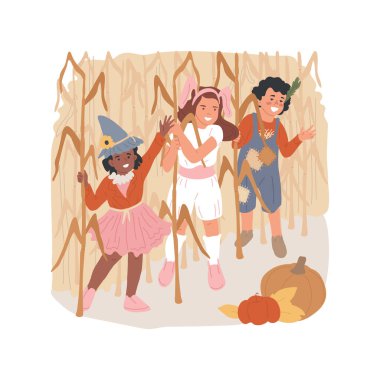 Mısır labirenti karikatür vektör çizimi. Mısır labirentinde gülümseyen ve mutlu çocuklar, sonbahar bayramı kutlamaları, açık hava çizgi filmindeki çocuklar..