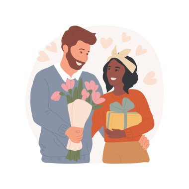 Sevgililer Günü karikatür vektör çizimi. Çeşitli çiftler Sevgililer Günü 'nü kutluyor. Aşk ve mutluluk, romantik ilişki, hediyeler ve çiçekler..