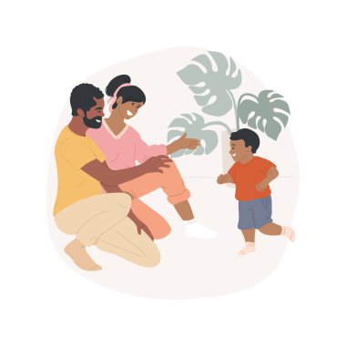 İzole edilmiş karikatür vektör çizimi çalıştırılıyor. Yürümeye yeni başlayan çocuk koşmayı öğreniyor. Çocuk, kollarını açmış anne ve babaya doğru koşuyor. Aile hayatı, fiziksel gelişim kilometre taşı vektör çizgi filmi..