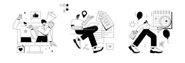 Şirket web sitesi soyut konsept vektör çizimi seti. Bizi takip edin, blog makaleleri, olaylar, sosyal medya, haber bülteni aboneliği, yayınlar, şirket sayfası, soyut metafor.